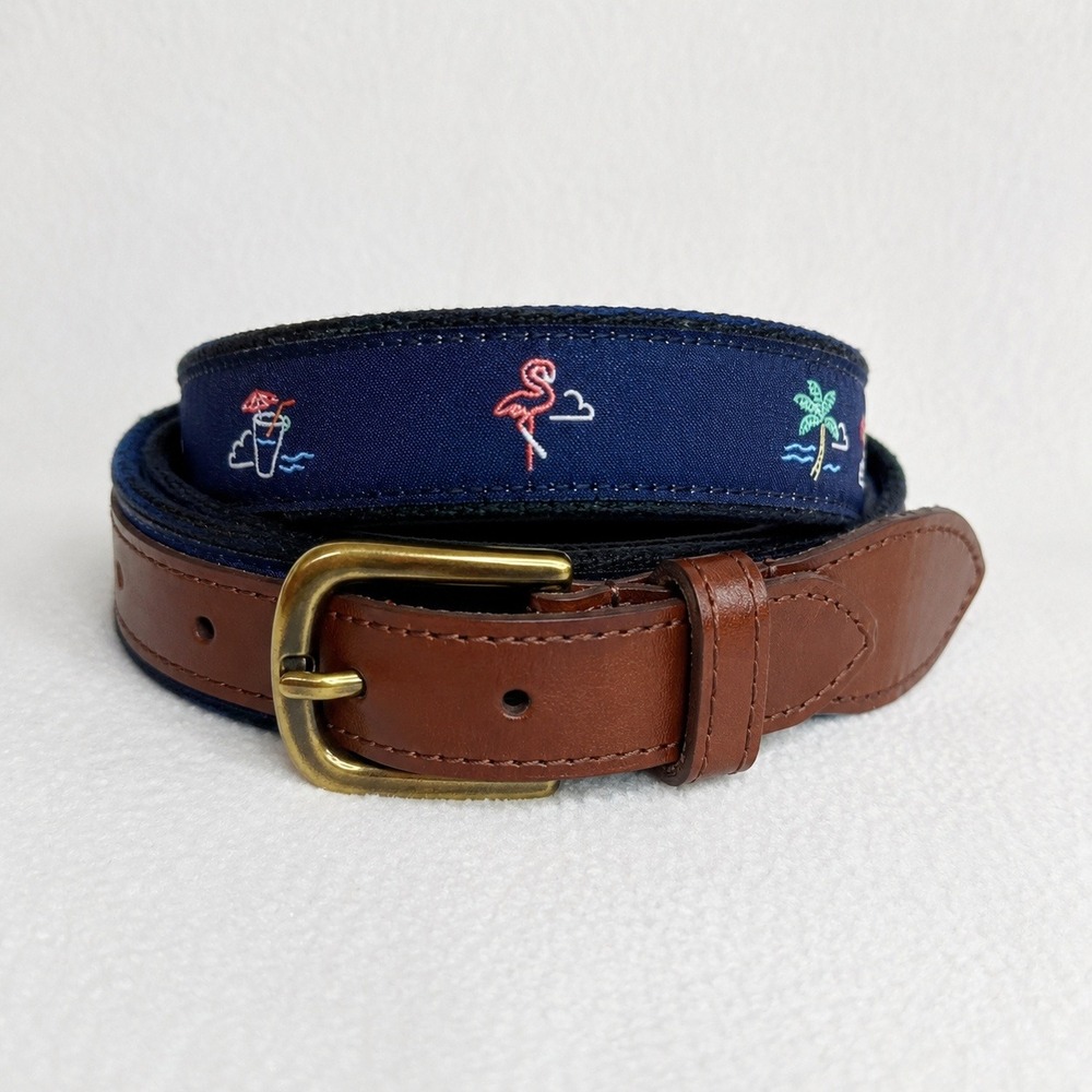 Chubbies Embroidered Surcingle Canvas Belt Navy Brown Leather Tropical Size 32